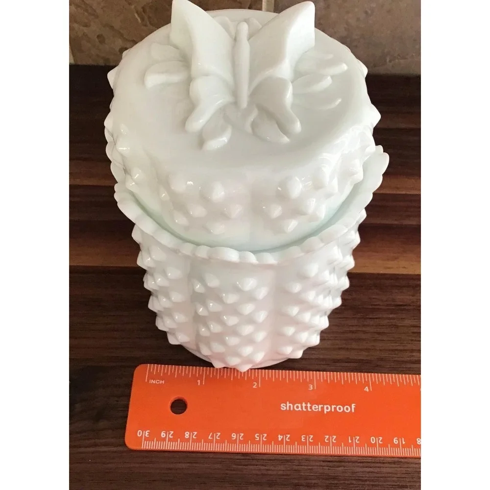 Fenton White Milk Glass Hobnail Canister Butterfly Lid Candy Dish Vintage Jar 6